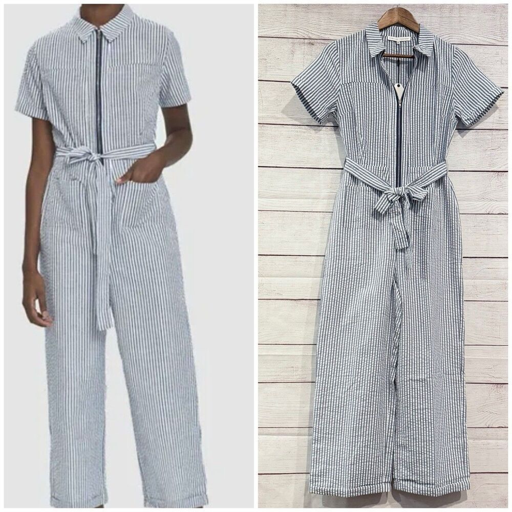 English Factory Striped Belted Jumpsuit Short Sleeve Wide Leg Size XS Chic Blue